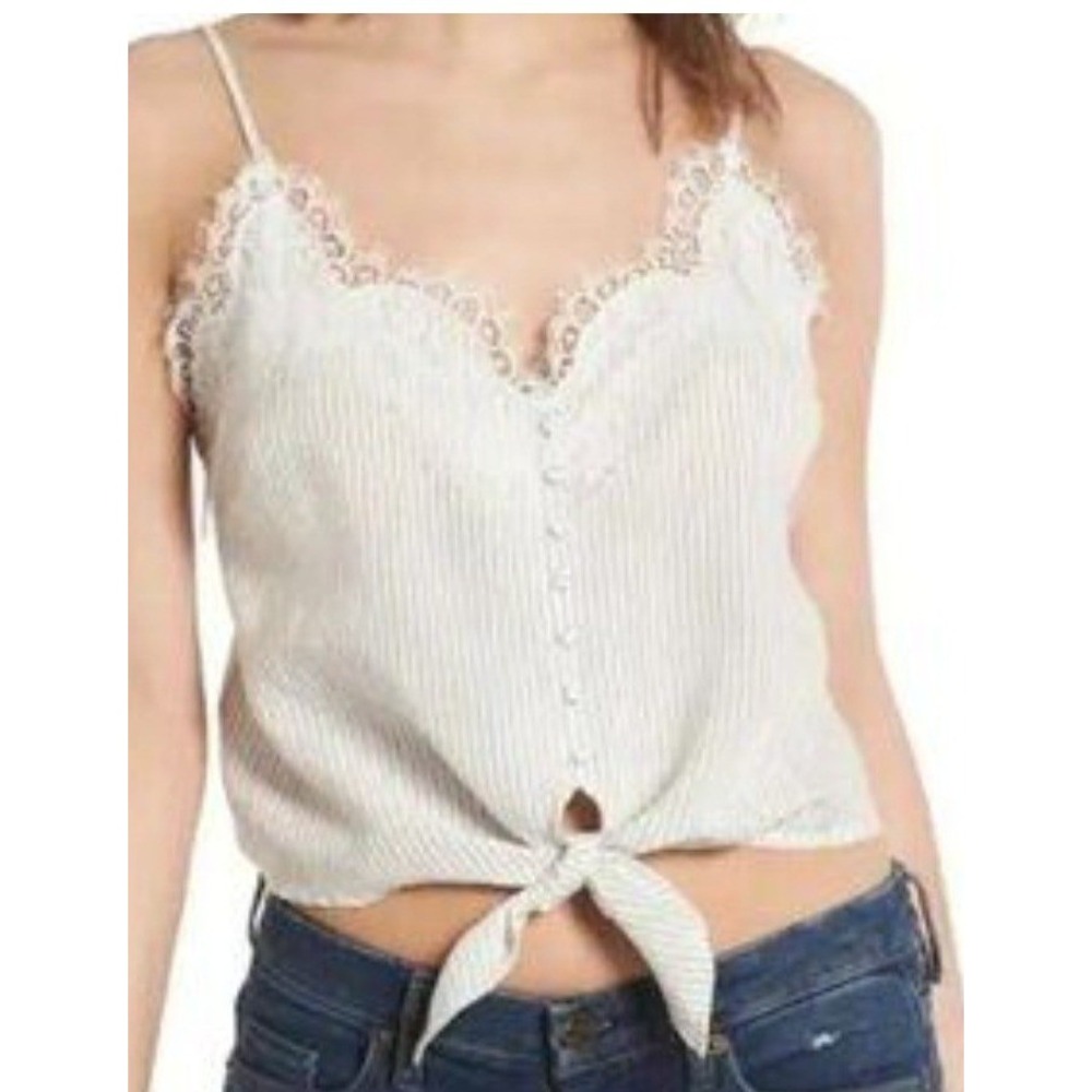 ASTR The Label Cropped Camisole XS White Pinstripe Lace Tie Front Coastal Preppy